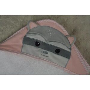 Modern Baby Raccoon Hooded Baby Bath Towel Pink White Stripes Gray Terry Cloth